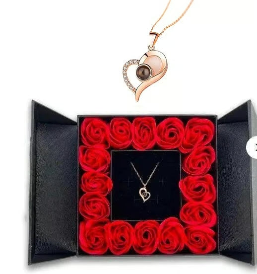 💞 "I Love You" Roses Bloom Necklace in 100 Languages Gift Set